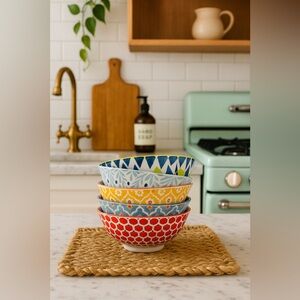 Set of 5 Certified International Eclectic Vintage-Style Ceramic Bowls